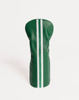 Green golf club head cover with white stripes on a white background