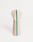 Beige golf club head cover with green stripe on a white background