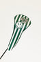 Green and white striped golf club head cover with smiley face and flower design on a white background