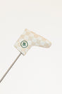 Golf putter headcover with a brand logo on a white background