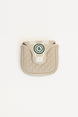 Beige quilted mallet cover with a green logo on a white background