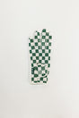Green and white checkered glove on a light gray background