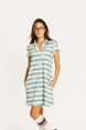 Woman wearing a blue and white striped Poppy Dress with text on a white background