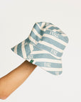 Striped bucket hat with 'Flore' branding on a white background