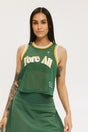 A female model wearing a green sleeveless tank top with 'Fore All' text and a logo on the chest, ribbed armholes, and a round neckline.
