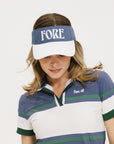 A model wearing a visor with 'FORE' written in bold letters on the front and '04' on the back, against a white background.