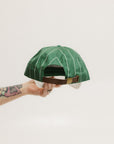 A green baseball cap with pinstripe detailing and an embroidered logo held in a hand against a white background.