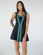 A model wearing a black sleeveless dress with a green vertical stripe detail on the front, designed with a flattering silhouette.