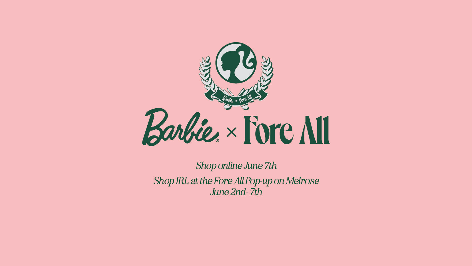 Promotional graphic for Barbie x Fore All collaboration on a pink background